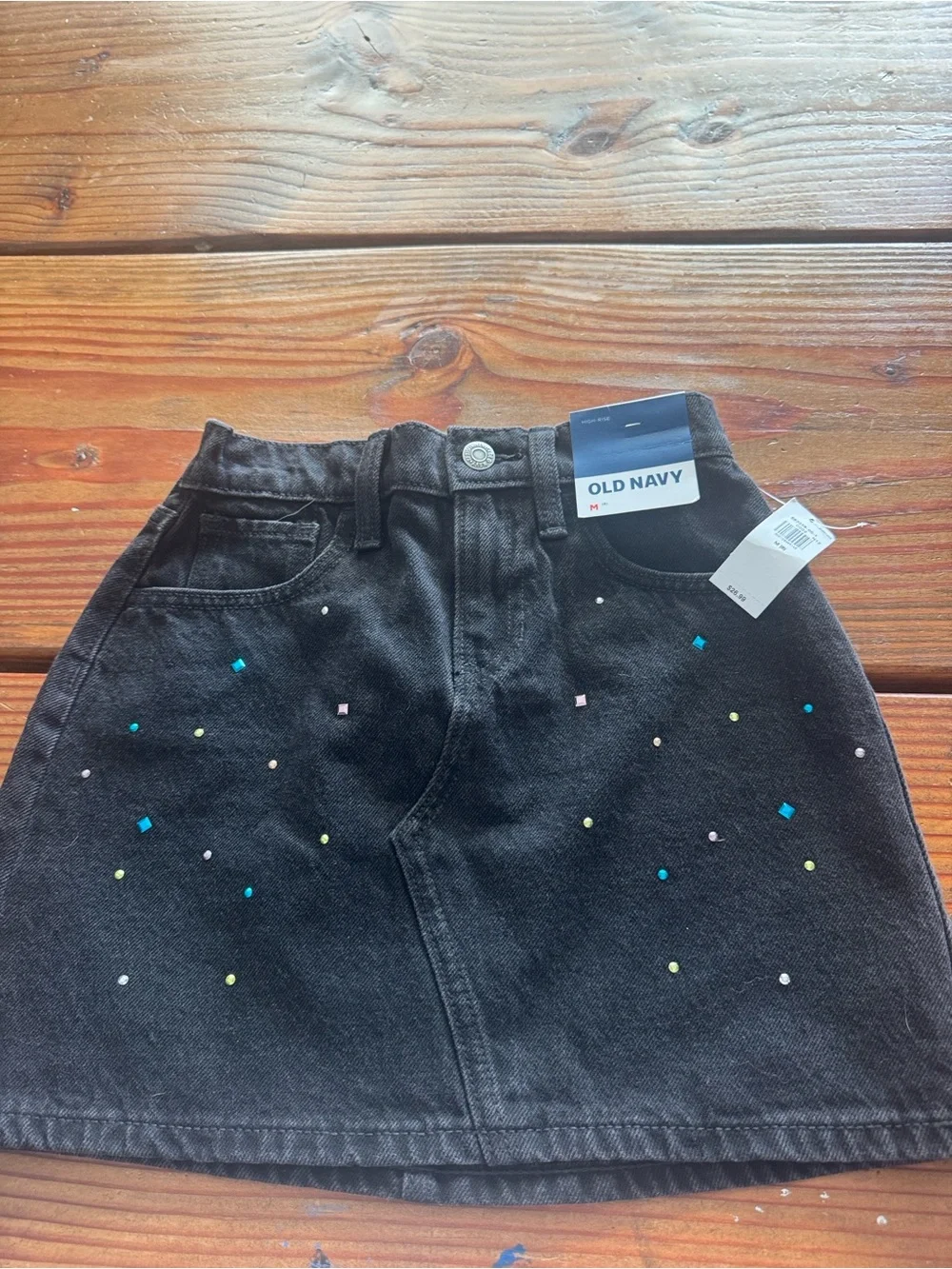 Old Navy Black Denim Mini Skirt with Multicolor Stud Accents